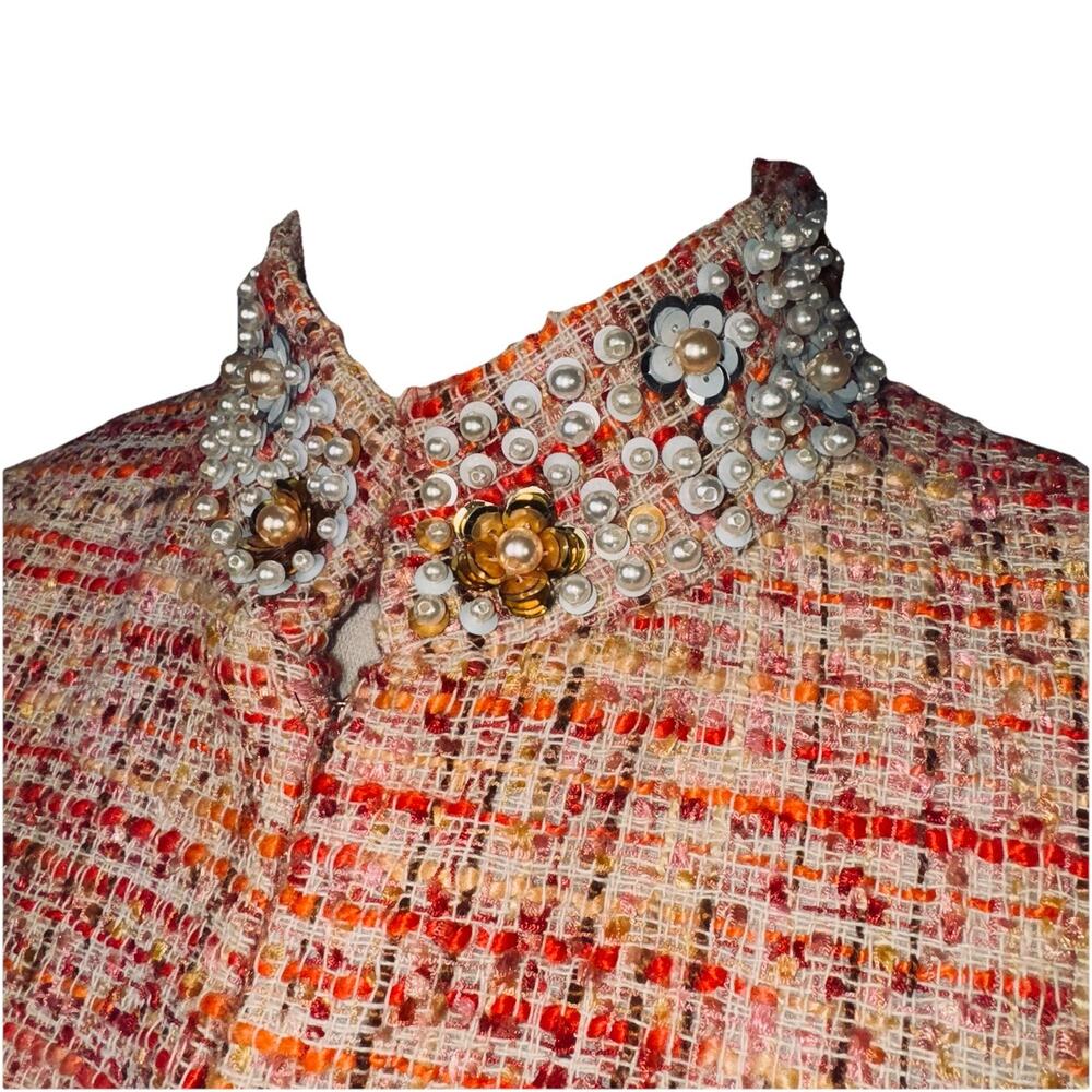 Chico's Size 0 (4/6) Embellished Pearls Tweed Woven Jacket Coral 3/4 Sleeve Coat - Picture 2 of 11